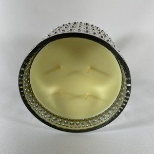 HOMEWORKS FOUR WICK 18 oz CANDLE W/silver toned, HOBNAIL outer cover and lid.